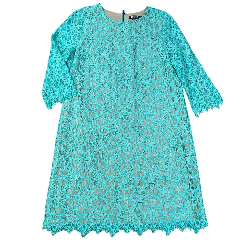 DKNY Lace Shift Dress Women 14 Blue Cotton Midi Scalloped Hem 3/4 Sleeve Cottage